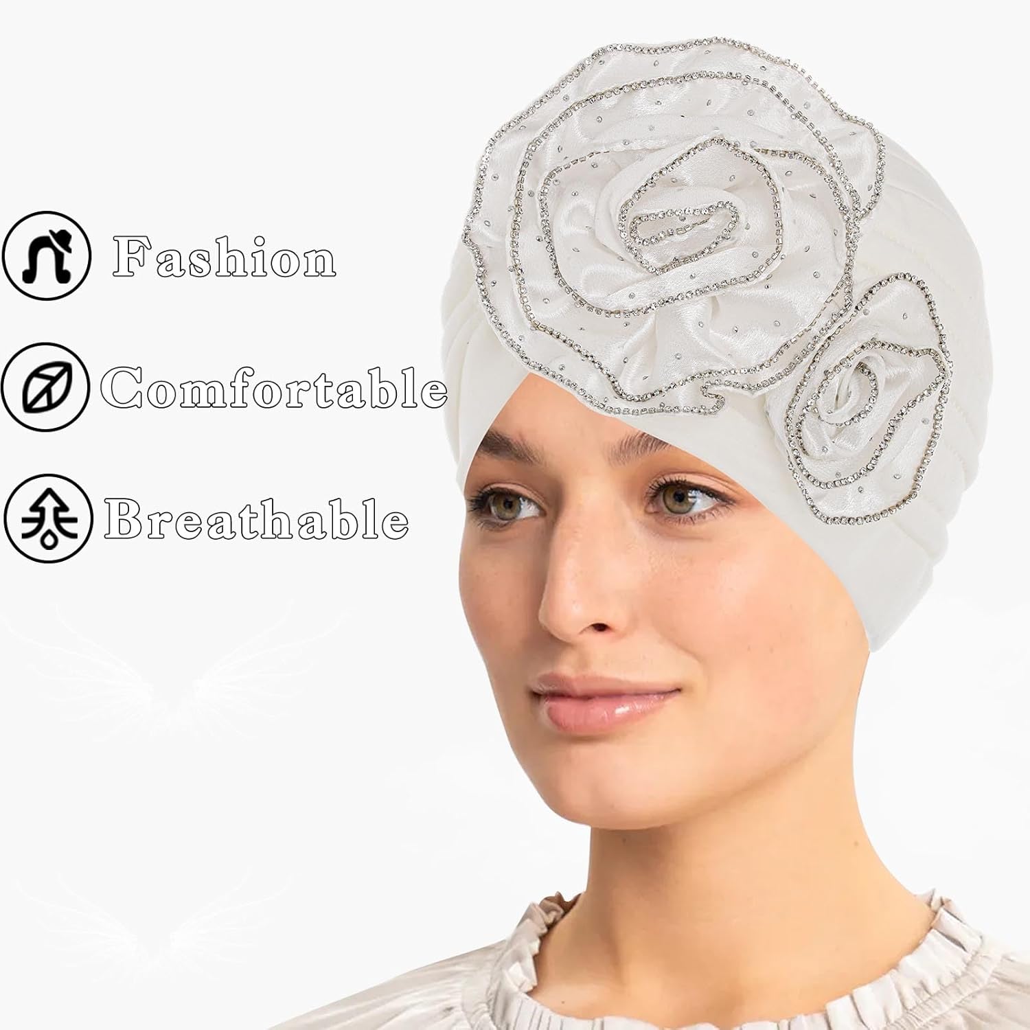 Bohend African Black Turban Flower Stretchy Women Head Wraps Rhinestone Elastic Head Scarf for Head Covering - Image 3