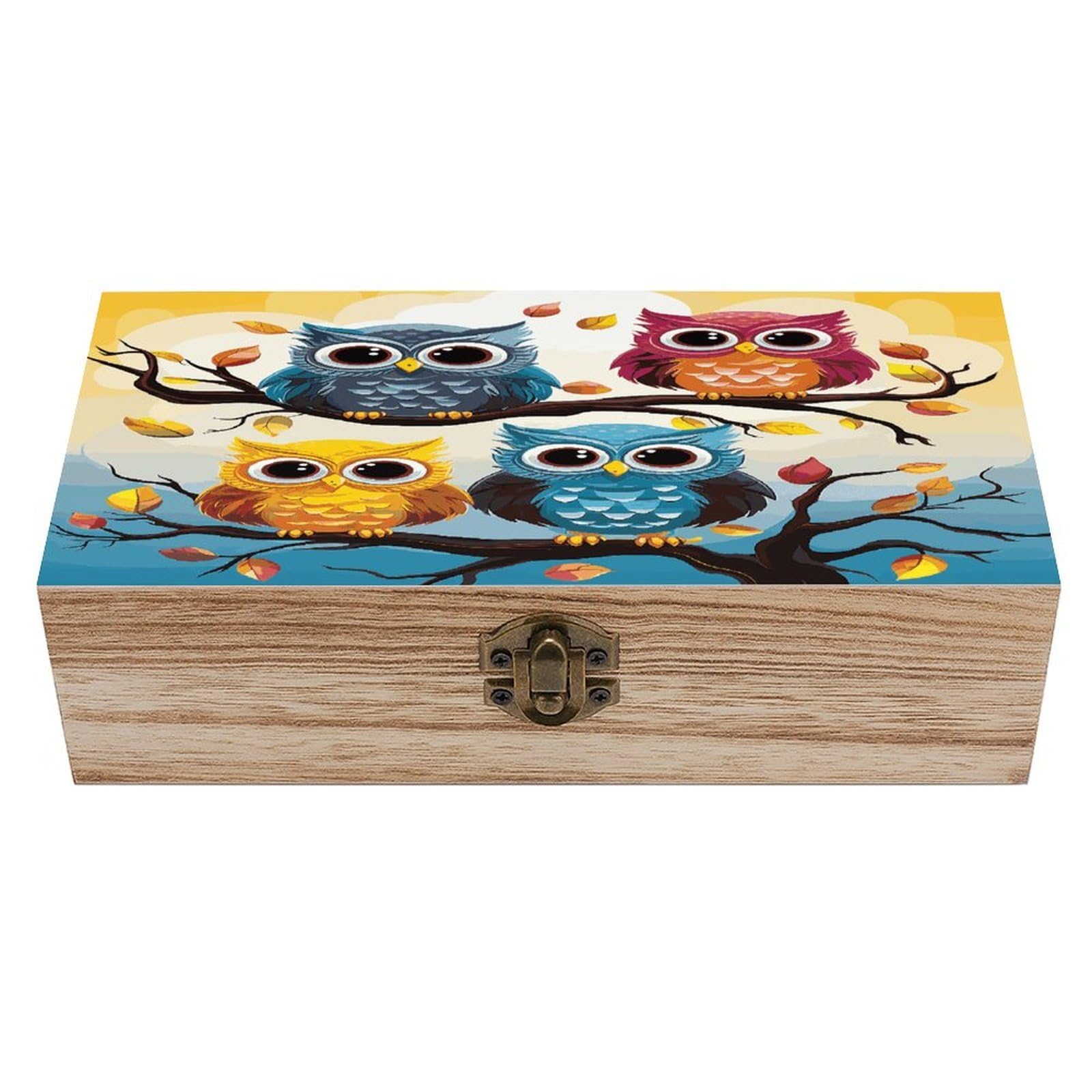 JTREHY Owls on Tree Branches Wooden Keepsake Box Vintage-Style Wood Keepsake Case with Hinged Lid Solid Wood Boxes Beautifully Memory Treasure Case Vintage-Style Wooden Storage Box