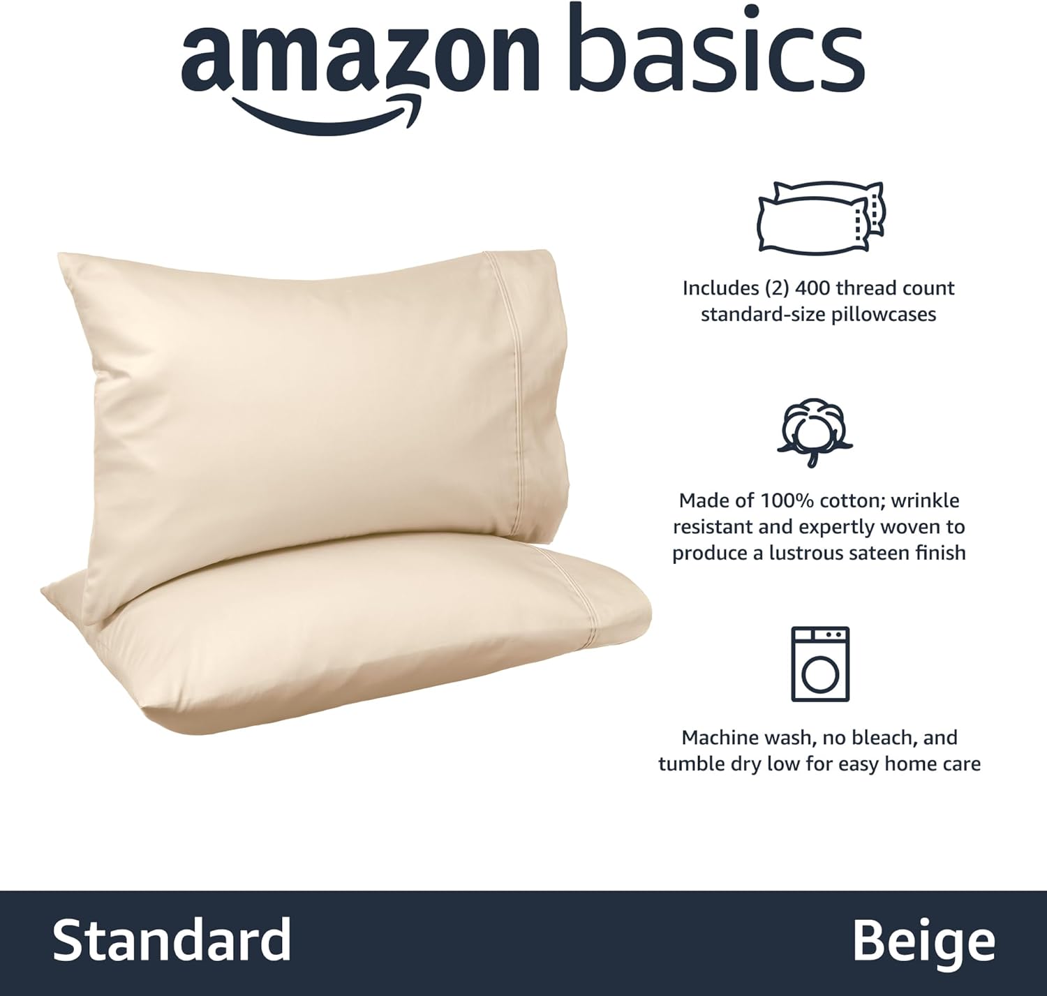 Amazon Basics 400 Thread Count Cotton Pillow Cases, Standard Size, 30" x 20", Beige, Set of 2, Pillows Not Included - Image 2