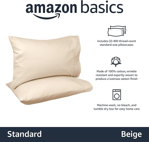 Amazon Basics 400 Thread Count Cotton Pillow Cases, Standard Size, 30 x 20, Beige, Set of 2, Pillows Not Included