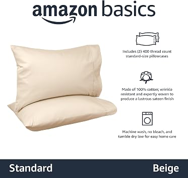 Amazon Basics 400 Thread Count Cotton Pillow Cases, Standard Size, 30 x 20, Beige, Set of 2, Pillows Not Included