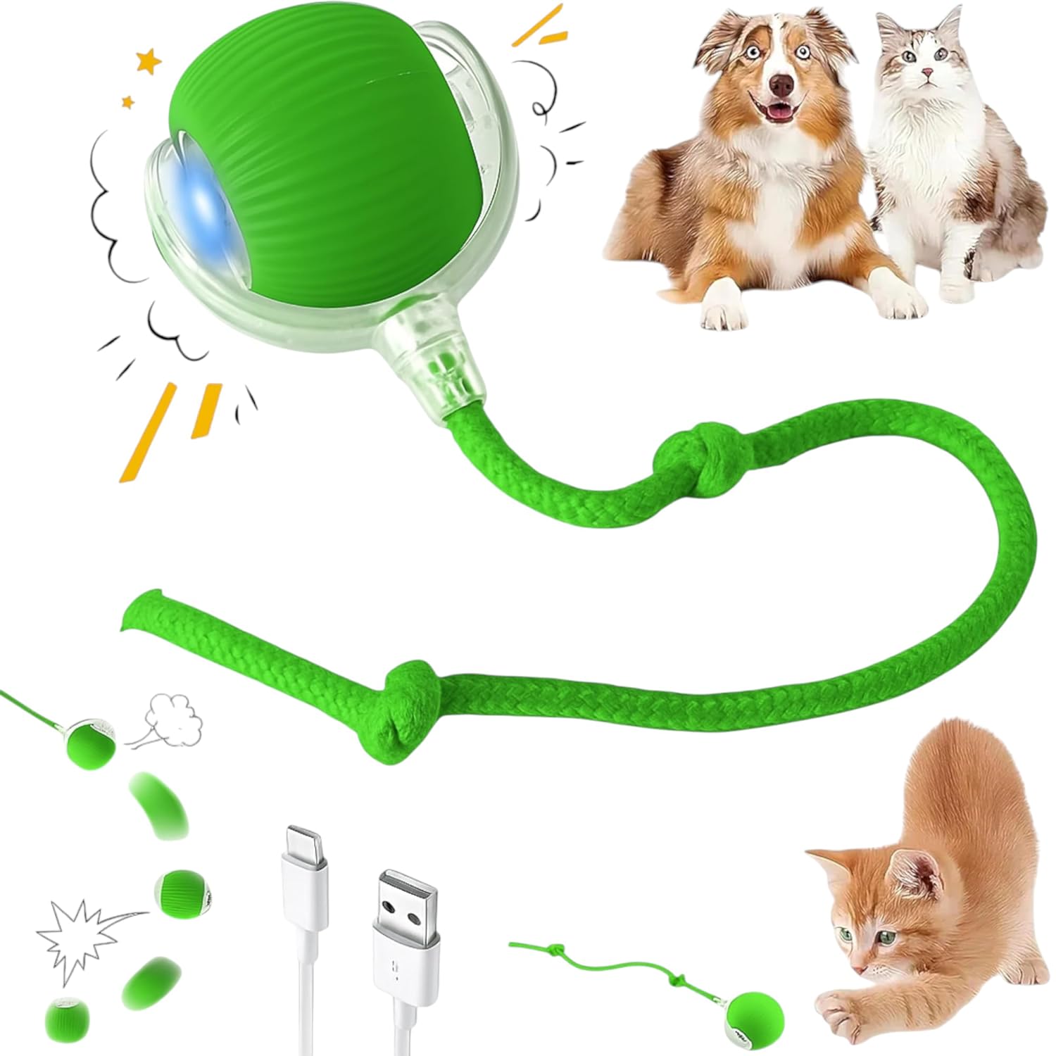Interactive Electric Automatic Rolling Moving Rechargeable Self Play Stimulation Toy Smart Pet Chase with Speedy Tail Rope for