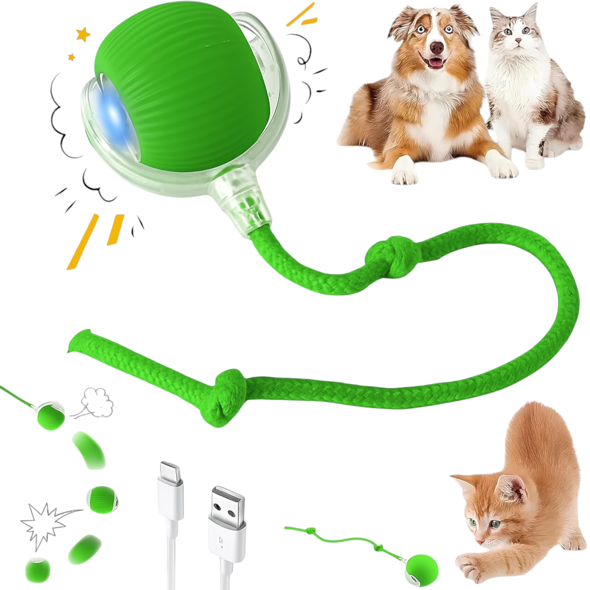 Interactive Electric Automatic Rolling Moving Rechargeable Self Play Stimulation Toy Smart Pet Chase with Speedy Tail Rope for