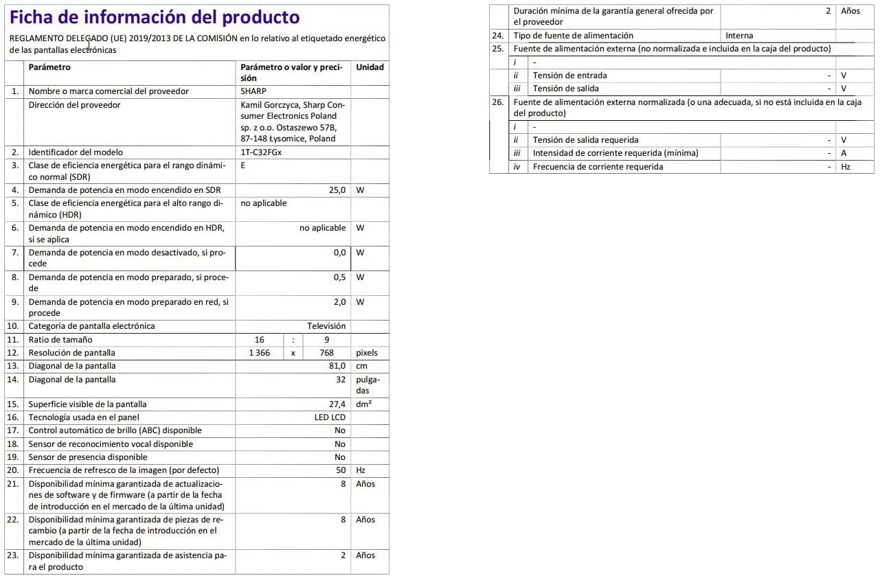 Product information sheet with detailed technical specifications in tabular format.