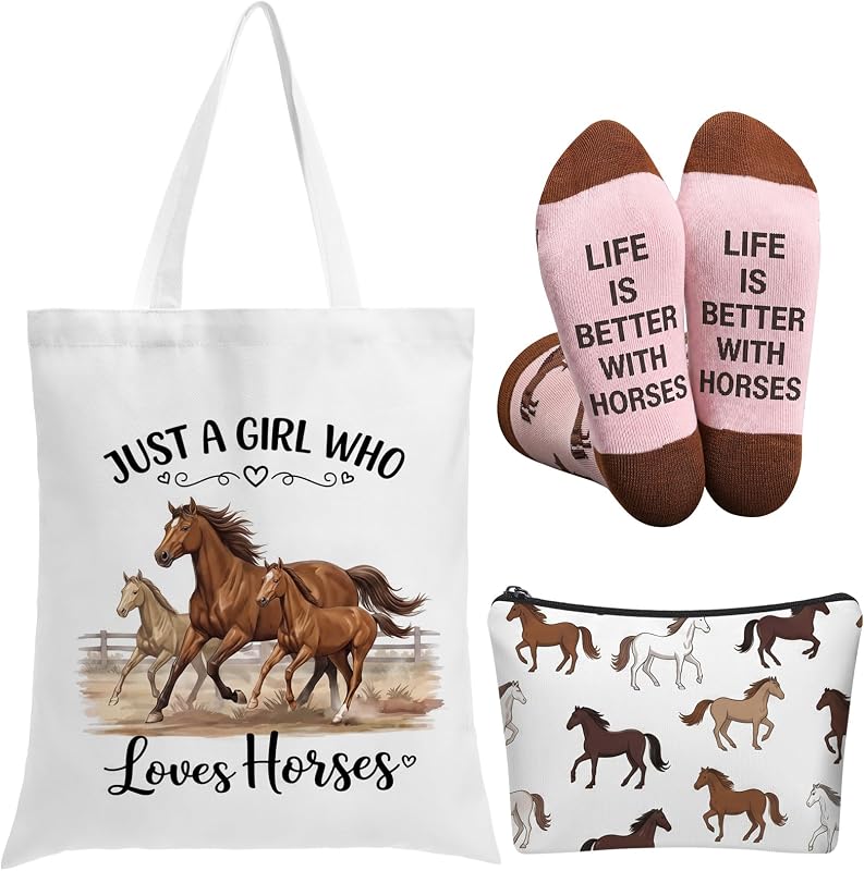 Tudomro Conjunto com 3 Acessórios com Estampa de Cavalo: Bolsa de Lona, Necessaire e Meias