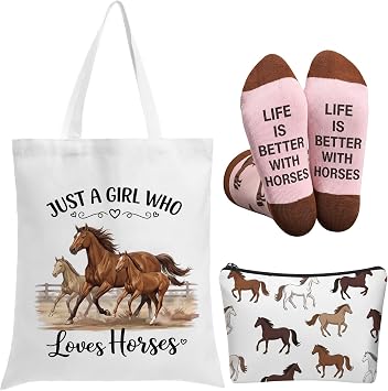Tudomro 3 Pcs Funny Horse Gifts Set for Women Novelty Animal Crew Socks Canvas Tote Bag Makeup Bag Horse Lovers Gifts for Equestrian Birthday