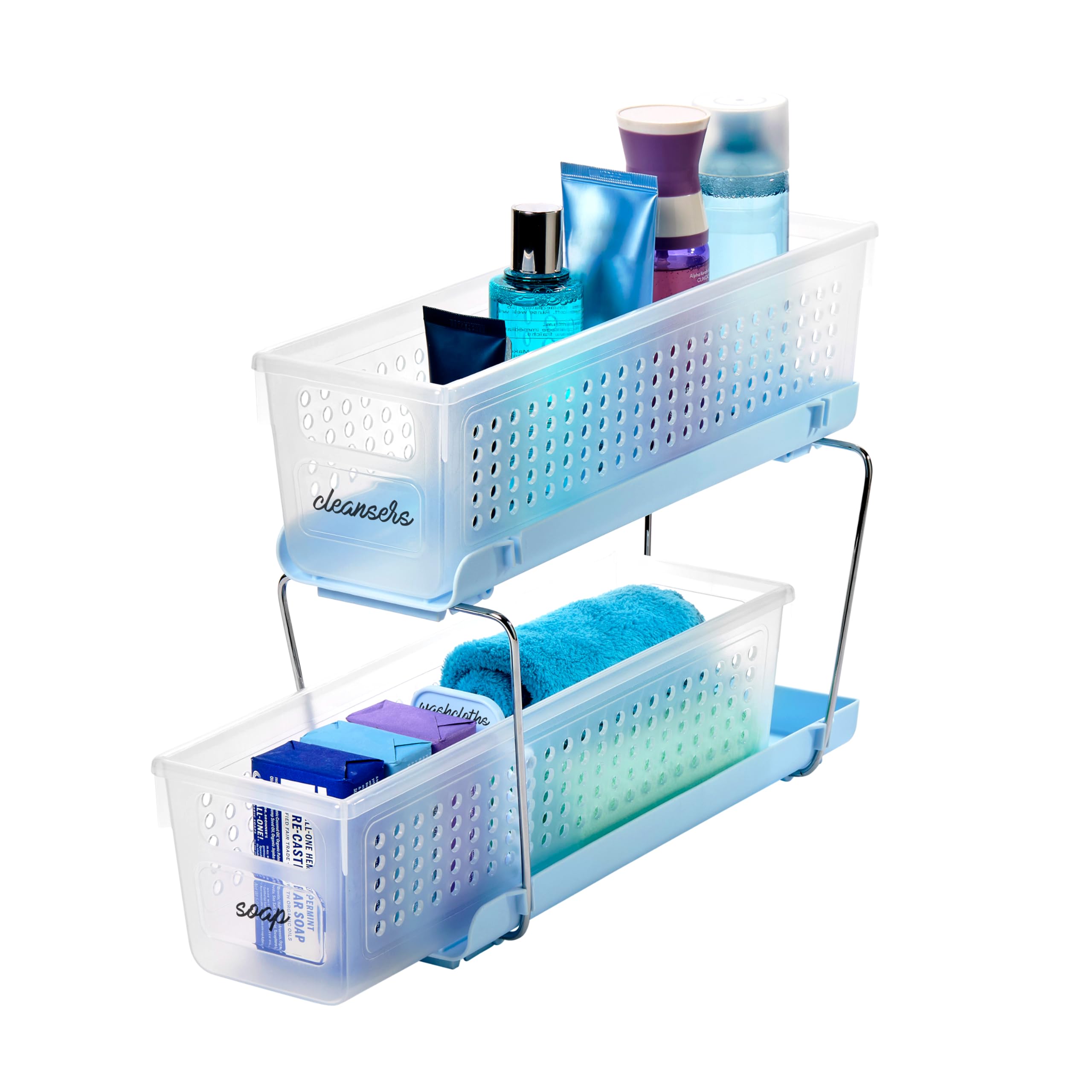 madesmart Mini Organizador Multiusos de plástico de 2 Niveles con contenedores de Almacenamiento deslizantes divididos, Estante Organizador Compacto Debajo del Fregadero y gabinete, Escarcha