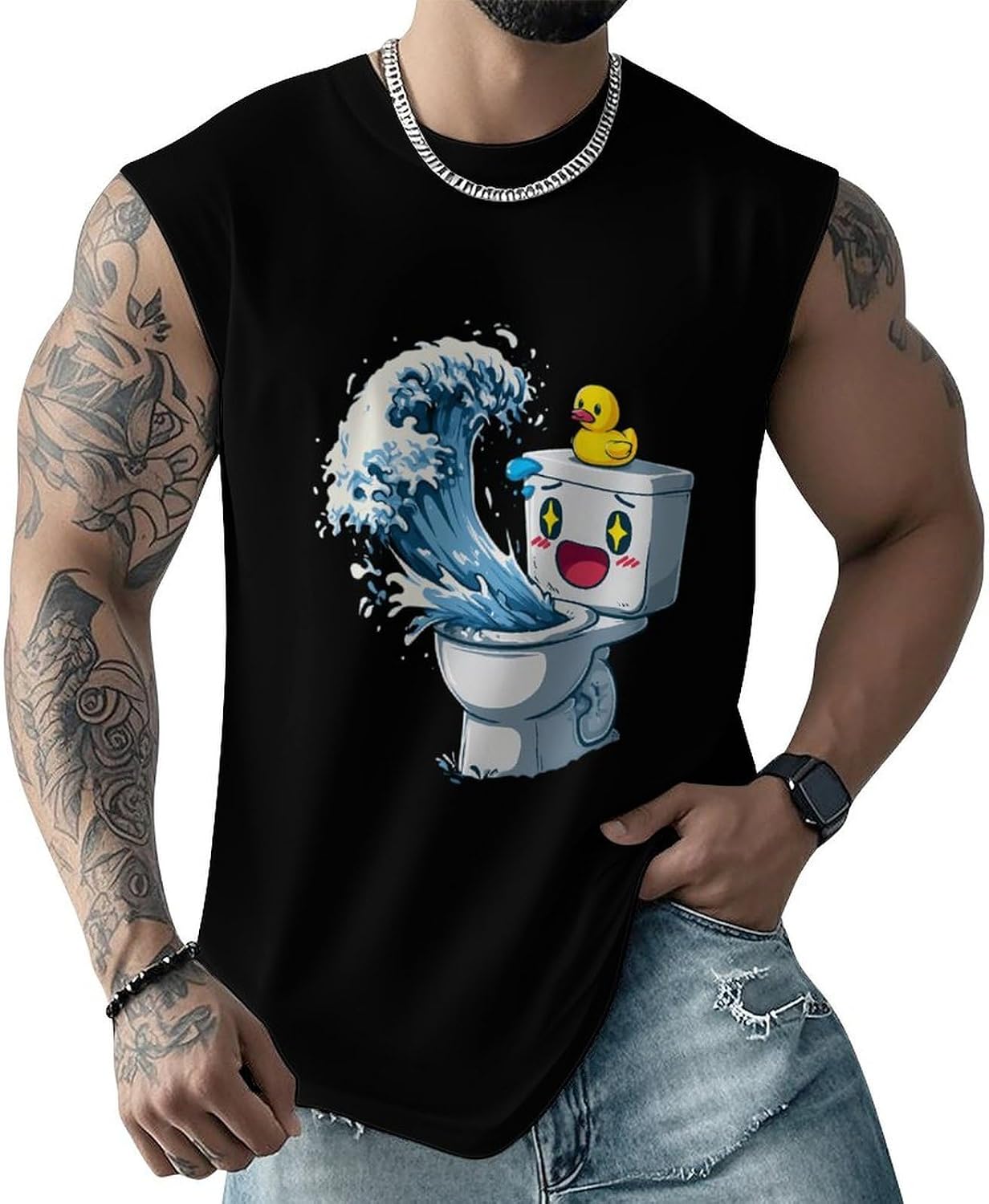 Rubber Duck Toilet Giant Waves Men Summer Sleeveless Crew Neck Top 5XL