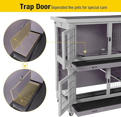 Miniatura 4 de Aivituvin Conejera plegable para conejos, se monta rápidamente la jaula de conejillo de indias de dos pisos con puerta trampa, movible, plegable
