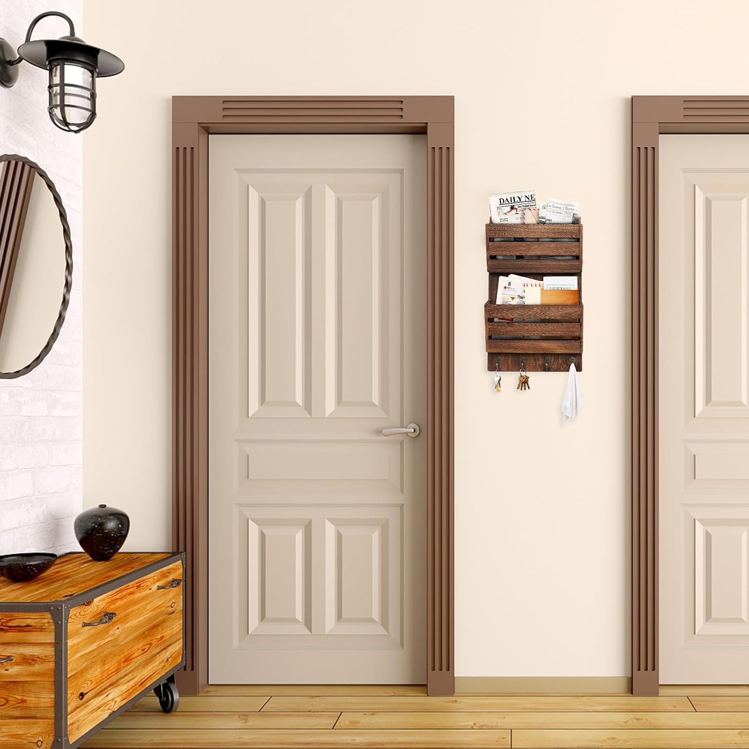 Mail Organizer Wall Mount with 4 Key Hooks, Rustic Wooden Hanging Mail Sorter Farmhouse Key Holder for Wall Decoration, 2-Slot Wall File and Magazines Bill Letter Holder (Brown)