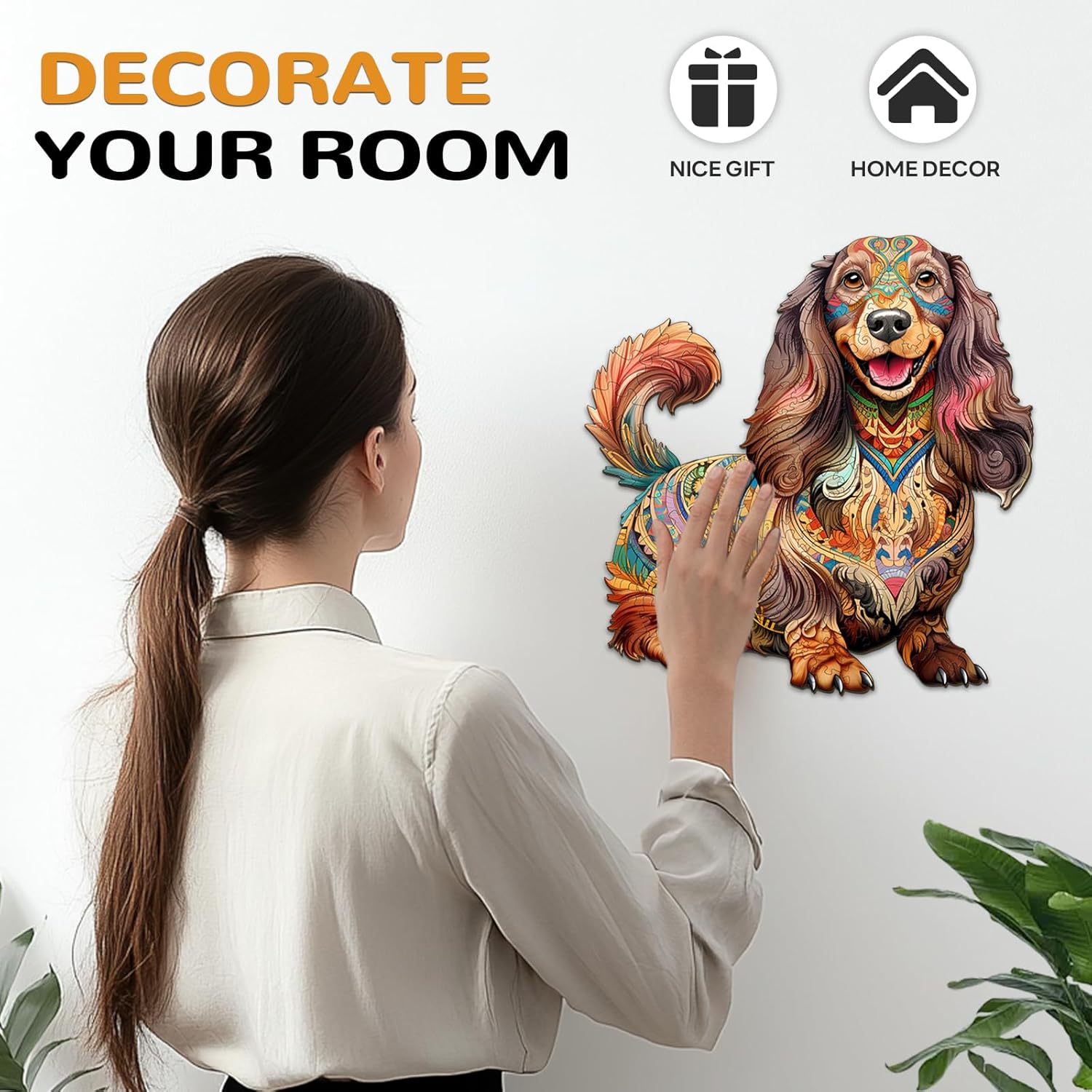Wooden Puzzle for Adults, Long-Haired Dachshund Dog Wooden Jigsaw Puzzle, Unique Shape Animal Wood Puzzles with Beautiful Box, Family Game Gifts (L-13.3 * 13in-260Pcs)