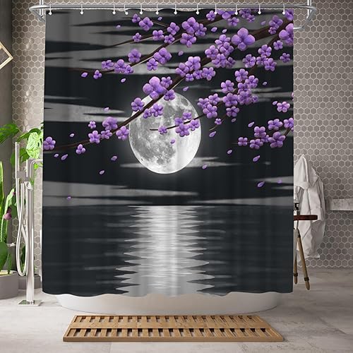 Miniatura 2 de WELMECO Cortina de ducha morada, cortina de ducha de luna, decoración de baño púrpura, 72 x 72 pulgadas, tela de poliéster