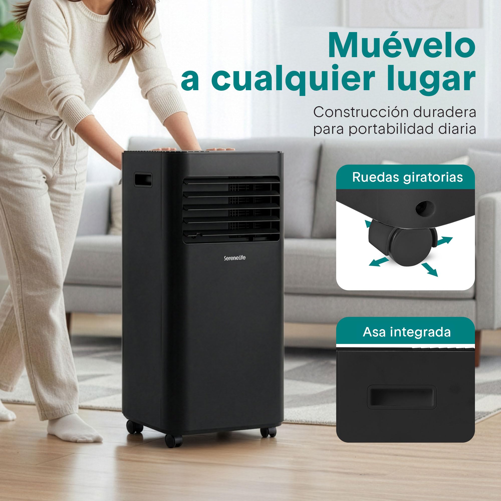 Aire Acondicionado Portátil 7000 BTU (2,05 kW) SereneLife, Climatizador 3 en 1 con Función Frío, Ventilador y Deshumidificador, Compacto con Mando a Distancia y Kit de Ventana