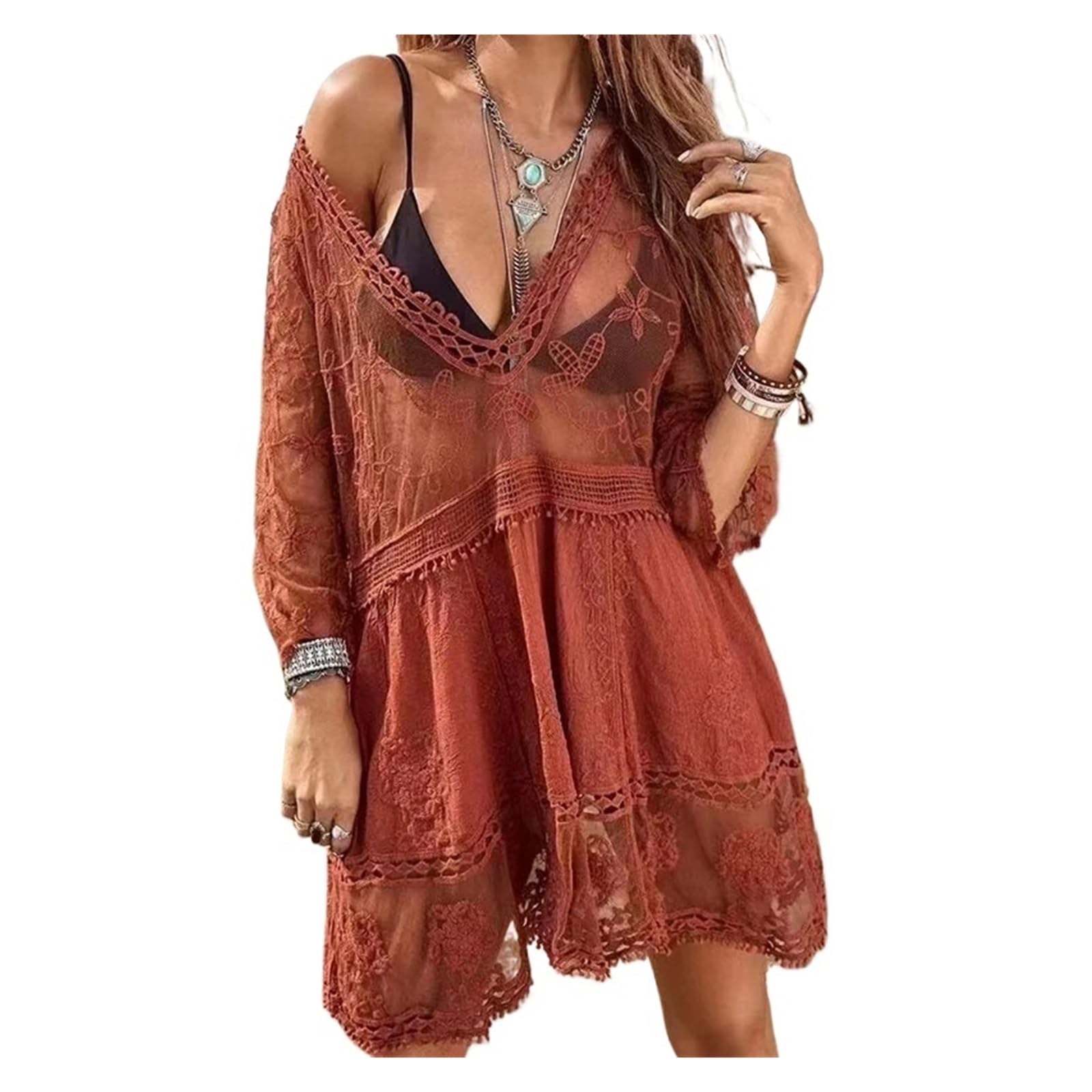 Bikini Cover Ups Maillots de Bain Femme Sexy Plage Couvrir col en v Femmes Plage Tunique Robe paréo Bikini Couvrir Haut en Crochet for Maillots de Bain Femme(Black)
