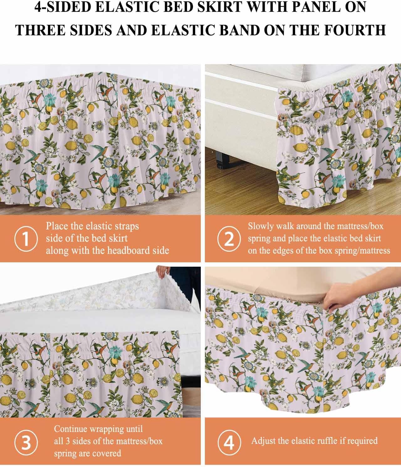 Pink Botanical Bed Skirt King Size 16 Inch Drop, Adjustable & Elastic Wrap Around Bed Skirts Pleated Luxury Dust Ruffles for Twin Full Queen Cal King Base Bed, Spring Floral Summer Lemon Birds