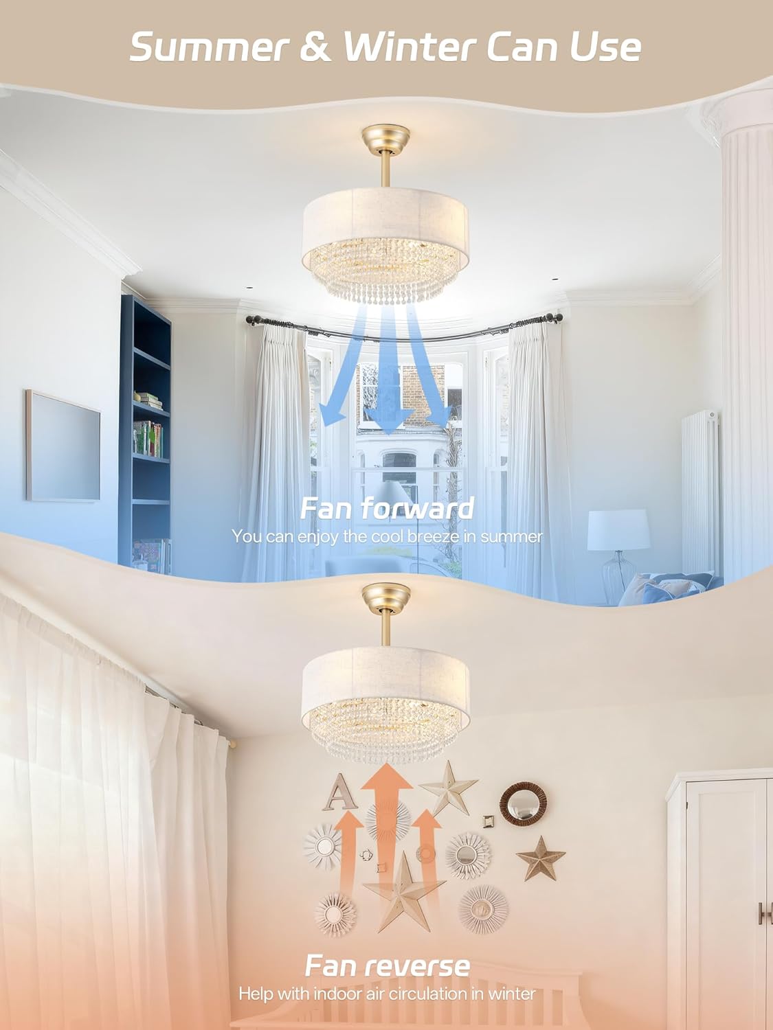 Boho Fandelier Ceiling Fan with Light, 20inch Bladeless Caged Chandelier Ceiling Fan with Lights for Bedroom, Living Room, Farmhouse Fandelier 6 Speed with Remote, Timing Adjustable Height