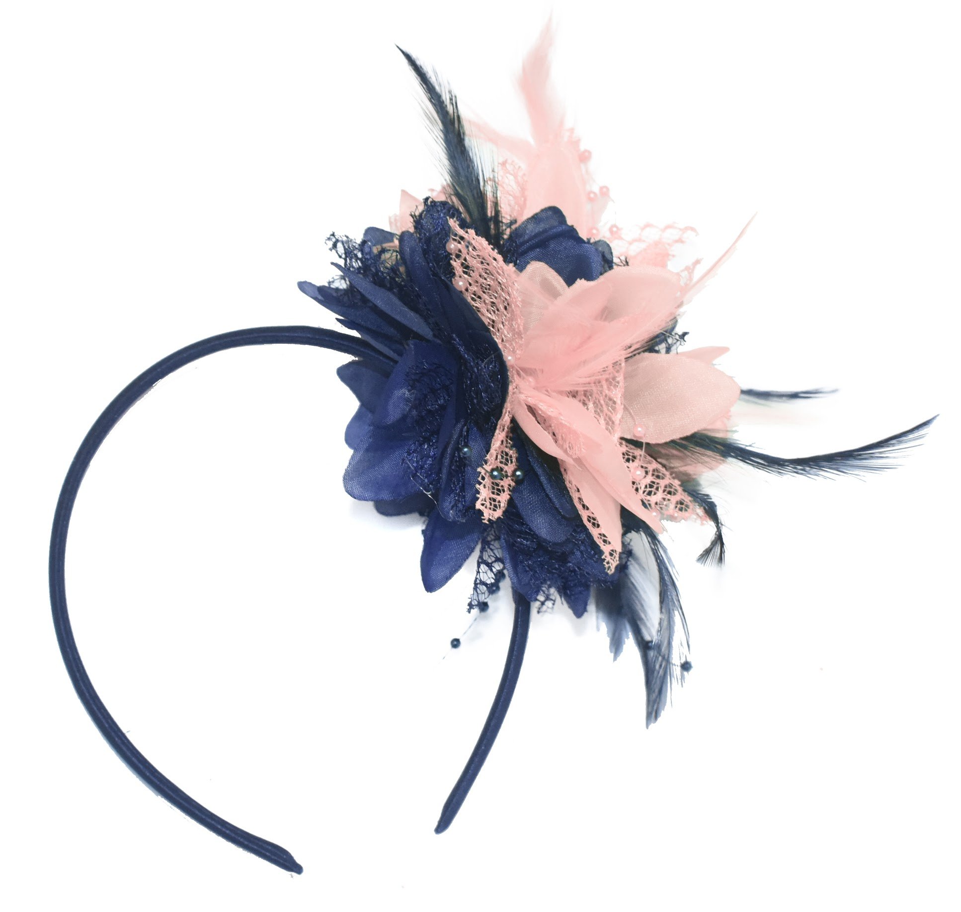Caprilite Navy Blue and Peach Fascinator on Headband for Ascot Weddings