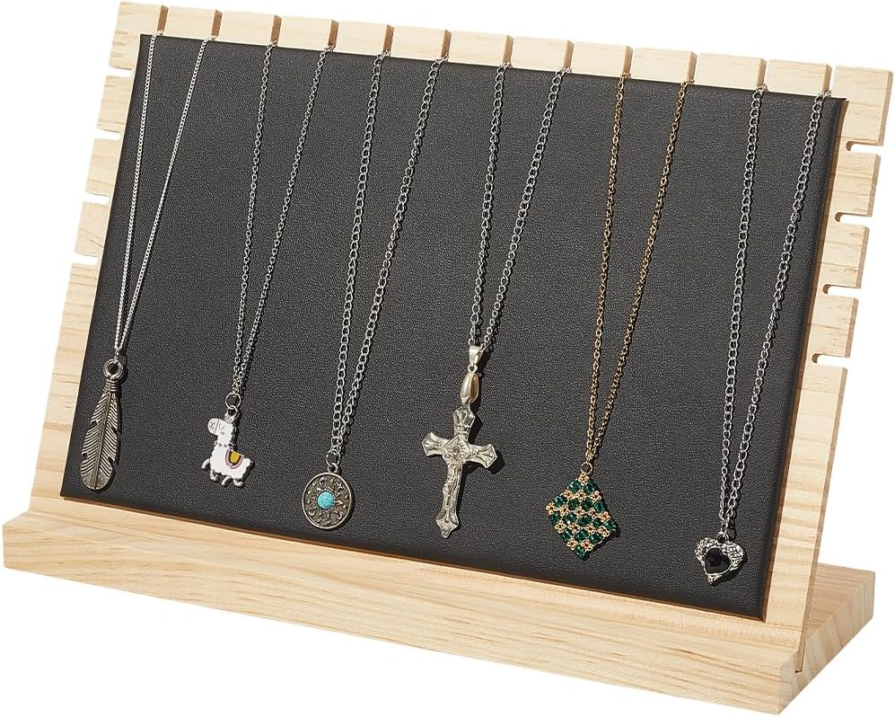 Beebeecraft Bamboo Necklace Display Stand Rectangle Black 12x8 Inch Multiple Necklace Display Boards Stand Bracelets Chains Organizer Holder with PU Leather Mat for Selling Home Boutique Countertop