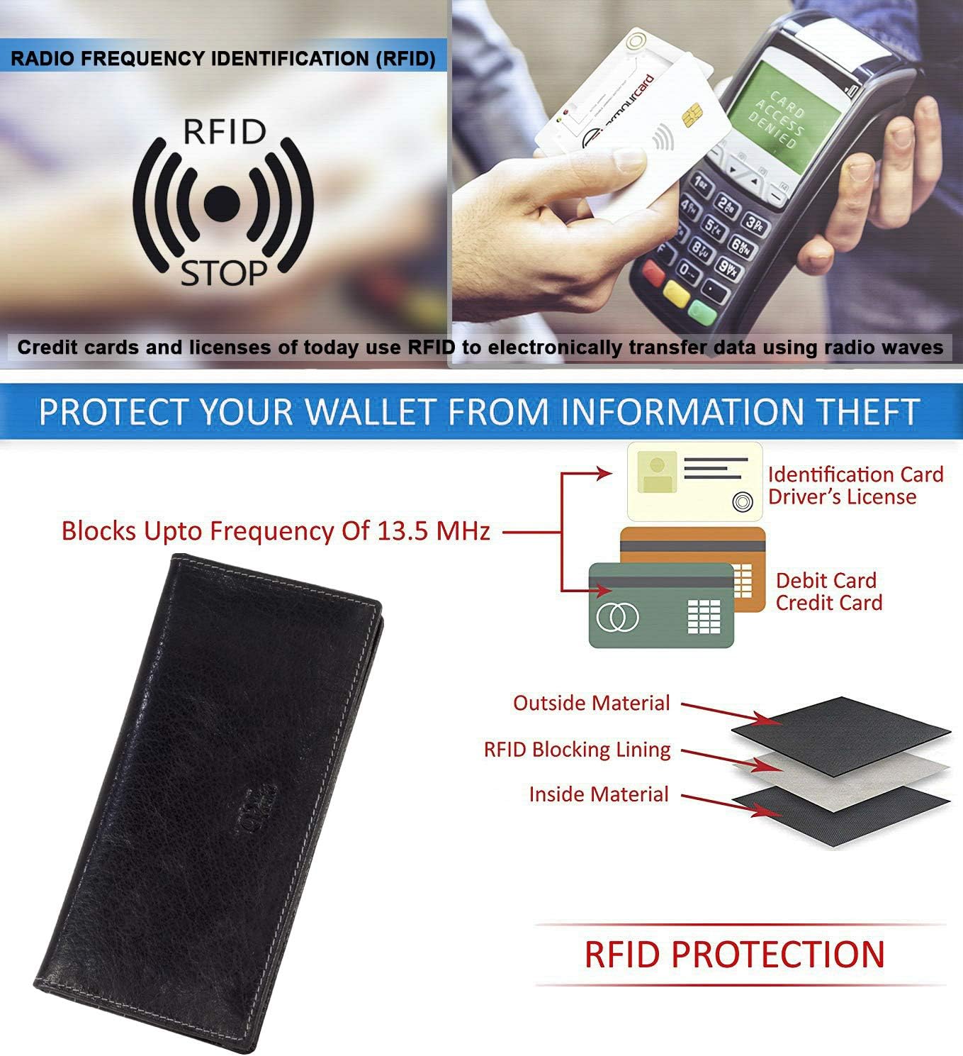 RFID Blocking Mens Genuine leather Bifold Long Wallet