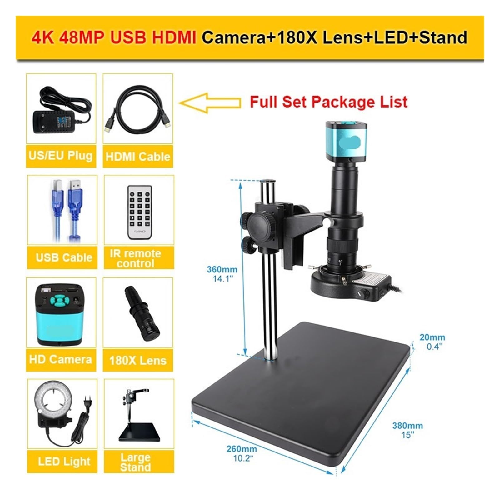 4K 48MP USB HDM/I Digital Video Electronic Microscope Camera 130X 150X 180X Zoom C Mount Lens LED Light Lab Phone Repair Tools(180X Lens LargeBase1)