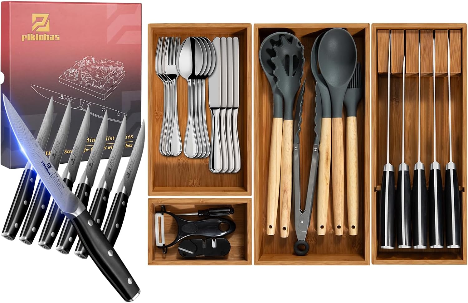 Silverware Drawer Organizer+Steak Knives Set of 6