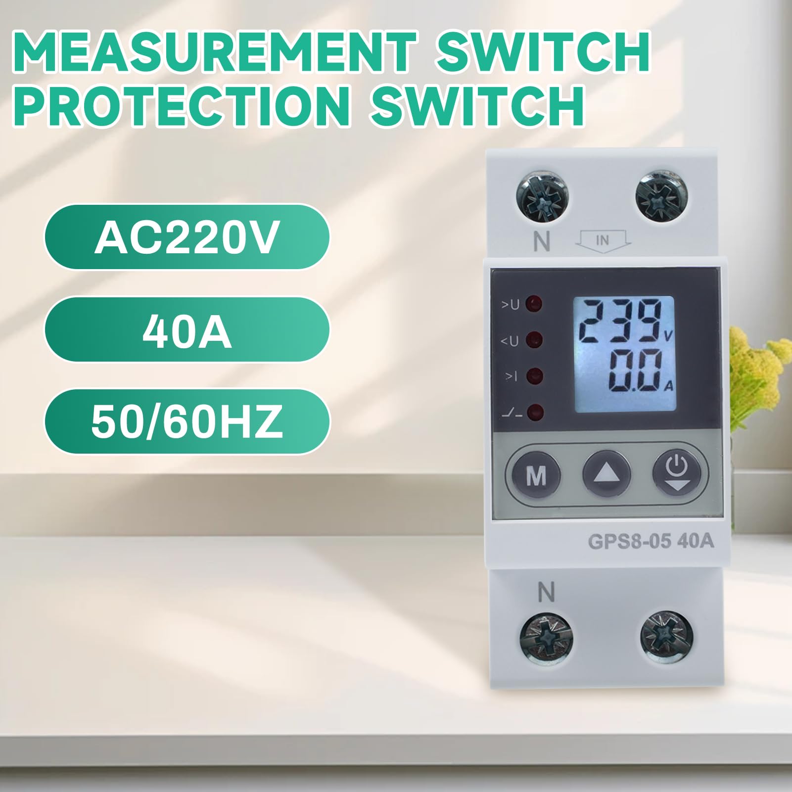 40A stabilizzatore di tensione 220V scaricatore di sovratensione magnetotermico contatore energia elettrica 2P con Funzione di autoreset Sovratensione/sottotensione e sovracorrente (GPS8-05-U)