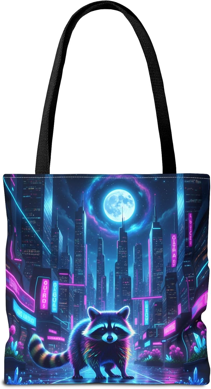 Premium Tote Bag with Reinforced Stitching - Neon Raccoon Exploring a Luminous Cityscape