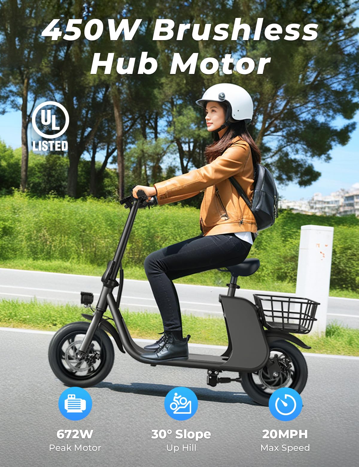 WINDHORSE Electric Scooter with Seat for Adults, 672W Peak Motor Up to 20 Miles Range, 20 MPH, 12.5 inch Tires Folding 2 Wheel E Scooter for Commuting with Basket - Black