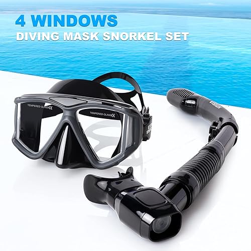 Miniatura 7 de Pano - Juego de 4 equipos de esnórquel para adultos, máscara de esnórquel profesional antivaho con parte superior seca, máscara de buceo de vidrio
