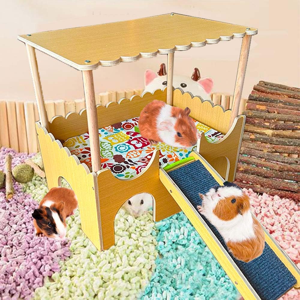 Large Wooden Guinea Pig Hideout House 2 Tierd Guinea Pig Castle with Stairs and Mats Sturdy Wood House Bed Hut Habitats Chinchilla Hamster Toy Bunny Play Hiding Small Animal Bed with Stairs 2 Layers