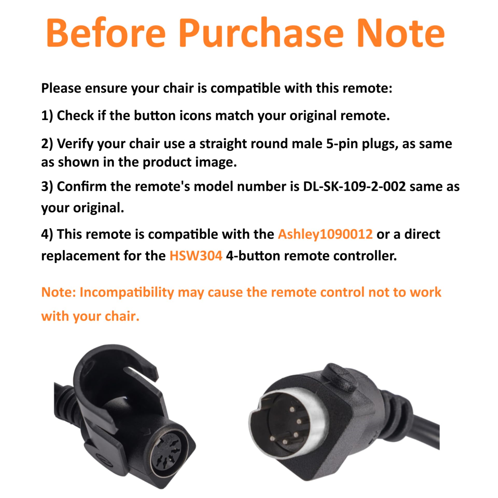 Hommoat 4 Lighted Buttons 5 Pin Remote Replacement with USB Charge Port for Dual Motor Lift Chair and Power Recliner DL-SK-109-2-002