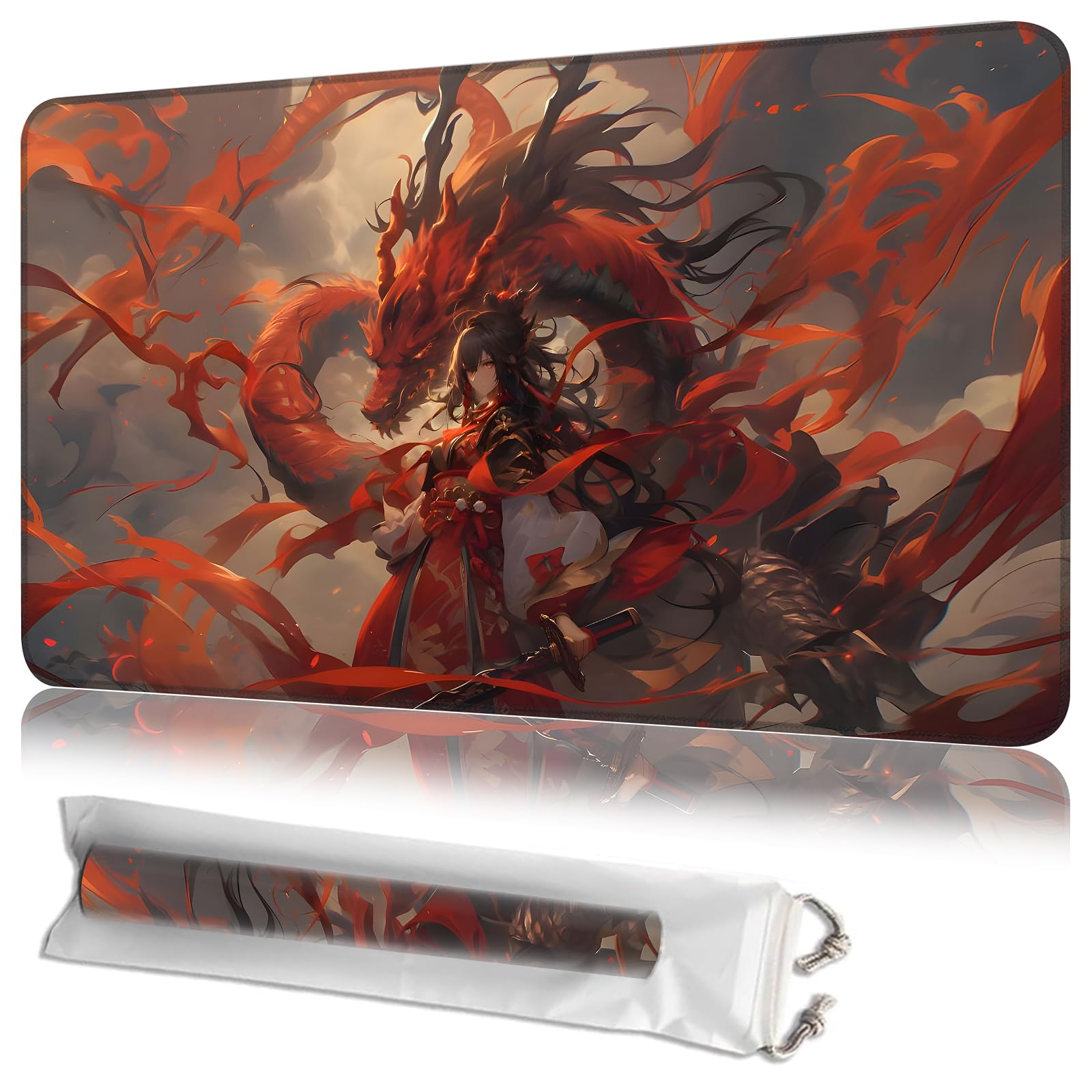 JANENFNA TCG Card Playmat 24" x 14" with Storage Bags for MTG Game Play Mats, Premium Stitched Non-Slip Rubber Tabletop Magic Play Mats Desk Duel Card Breaking Mats, Oriental Dragon — image 1