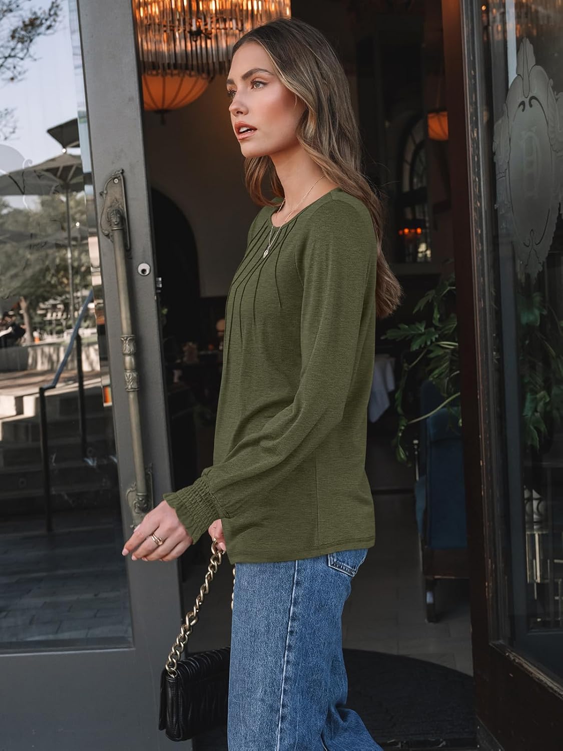 AUTOMET レディース 秋 ファッション 長袖 シャツ ドレッシー カジュアル プリーツ ベーシック トレンディ トップス 冬服