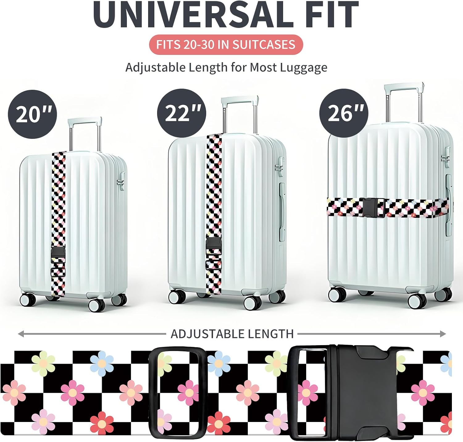 Luggage Strap for Suitcases Adjustable Travel Belt with Quick Release Buckle, Cute Travel Accessories for Suitcase Strap Floral Checkerboard image 5
