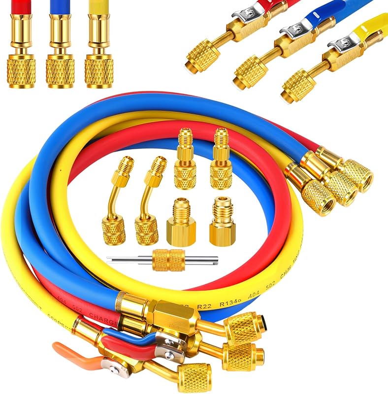 Kit com 10 peças de mangueiras para manifold de ar-condicionado com adaptadores R410A e tanque, para R134A, R410A, R404A, R12 e R22, 89,9 cm, Innconee