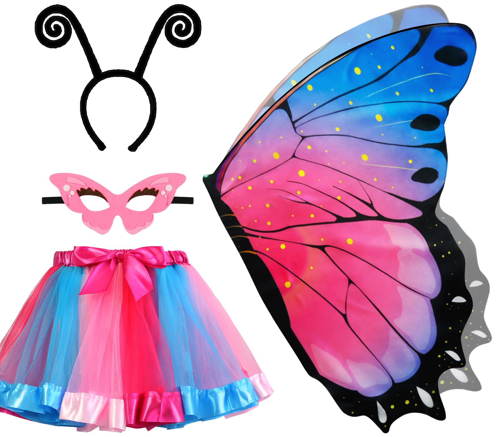 iROLEWINKids Fairy Butterfly Wings for Girls Toddlers Dress-Up Costume Mask Tutu and Headband Sister Birthday Gifts Party