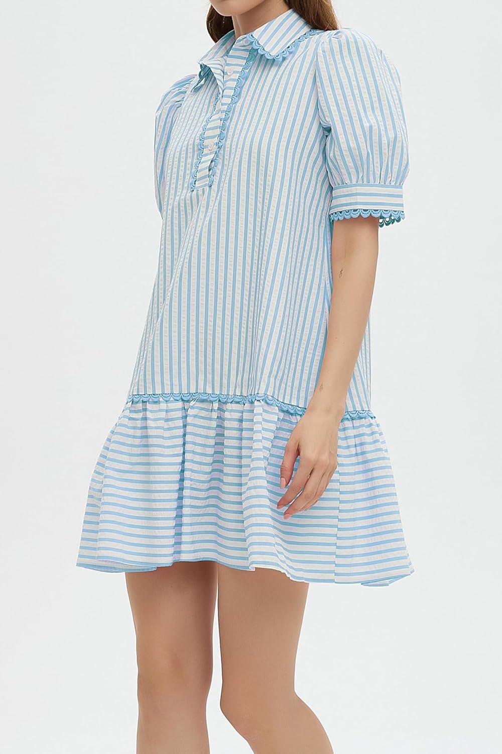 Striped Dress for Women Collared Short Puff Sleeve Ruffle Hem Summer Tunic Flowy Shirt Mini Dress - Image 5