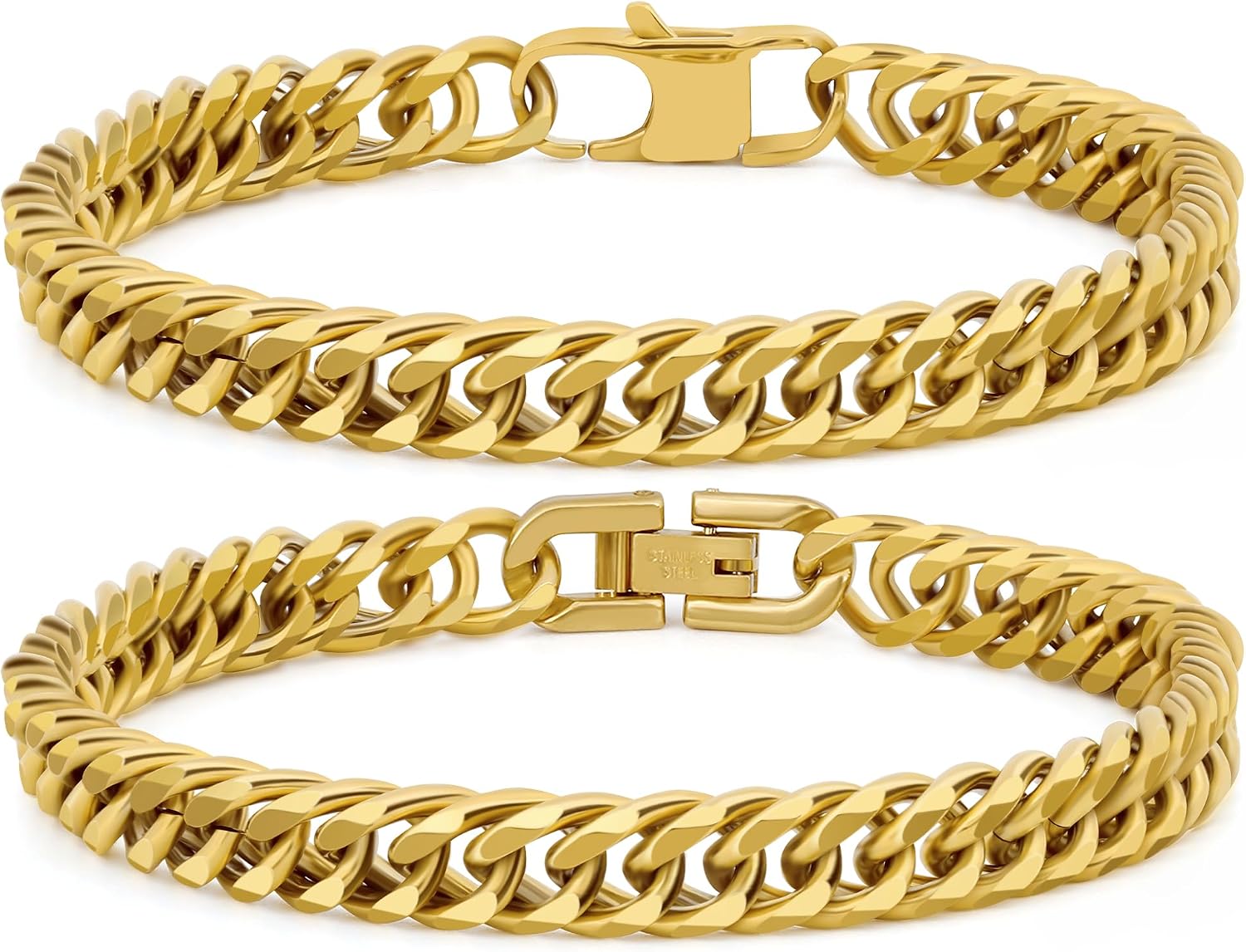 2PCS Cuban Link Bracelet, Silver Gold Black Sturdy 316L Stainless Steel Cuban Link Chain for Men Jewelry Set with Gift Message Card 8mm, 7/8/9 Inches