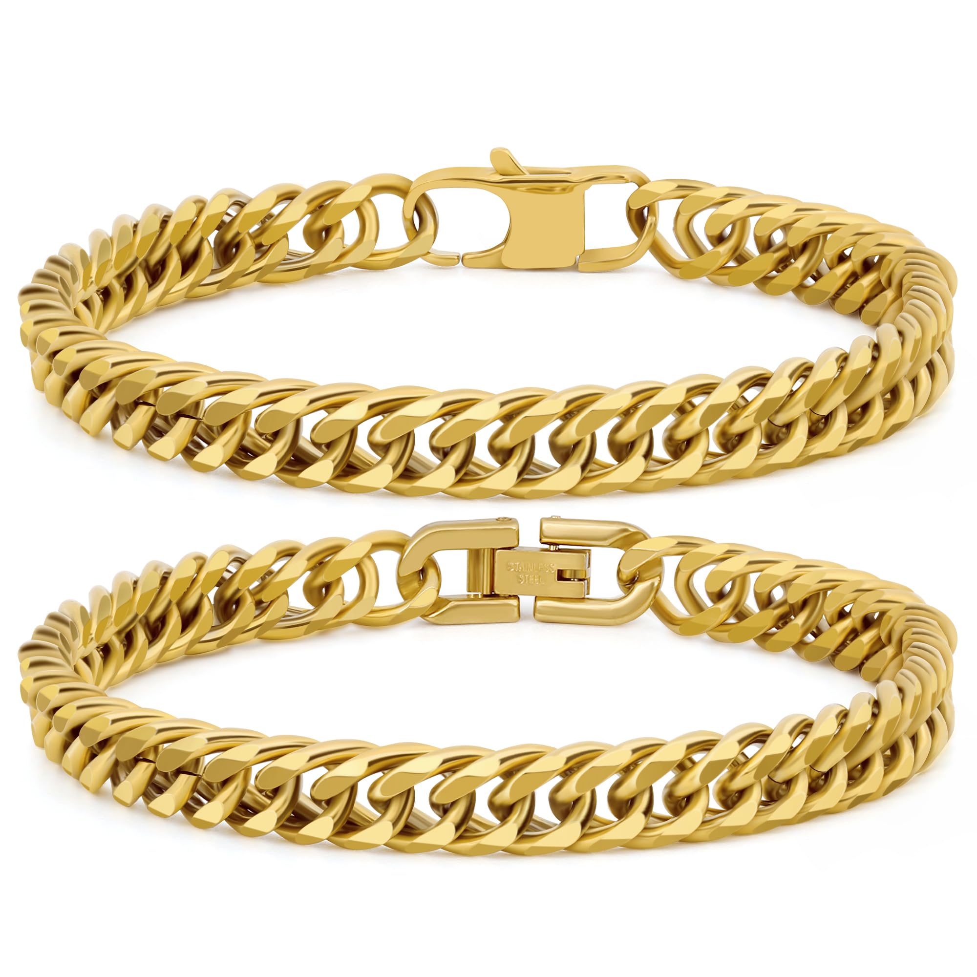 Juego de 2 pulseras de eslabones cubanos, plata y oro negro, cadena de eslabones cubanos resistentes de acero inoxidable 316L para hombre, con tarjeta de mensaje de regalo, 8 mm, 7/8/9