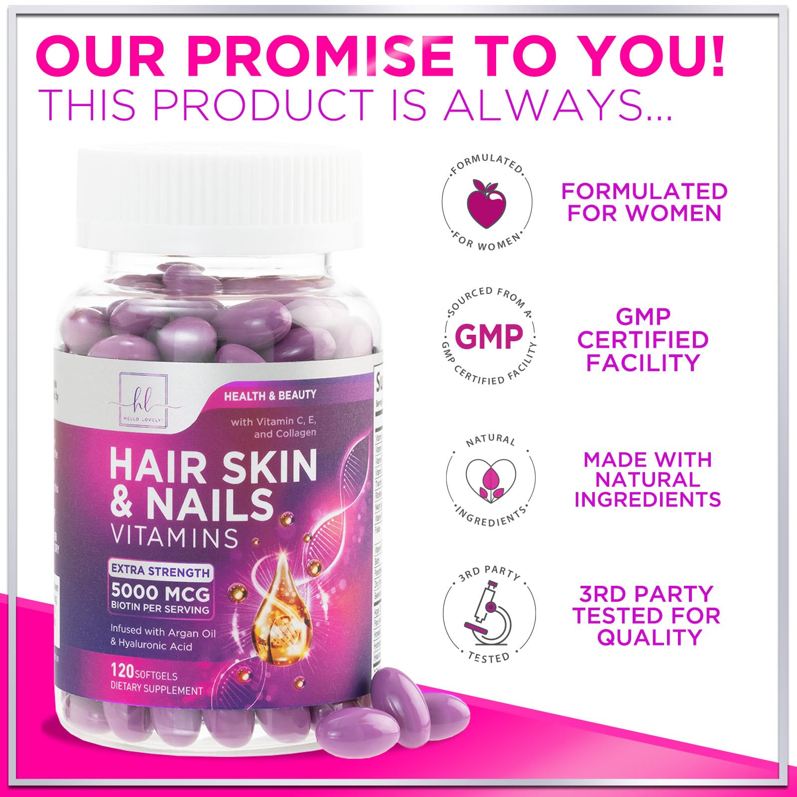 Hair Vitamins for Women for Hair Growth - Argan-Infused Supplement with Collagen, Biotin and Hyaluronic Acid - Supports Faster Hair Growth, Skin & Nails Beauty Vitamins, Bottled in USA - 120 Softgels — Amazon image 4