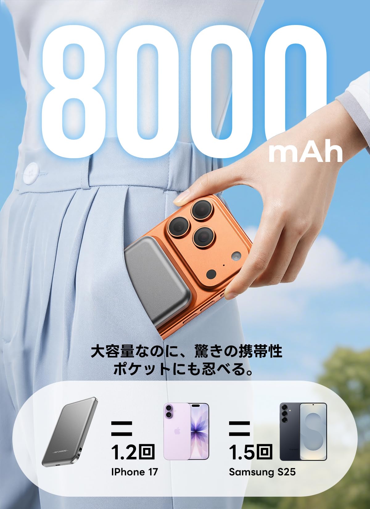 MagSafe対応 モバイルバッテリー 8000mAh マグネット ワイヤレス Amazon | 極薄設計・モバイルバッテリー 軽量 小型 8000mAh大容量