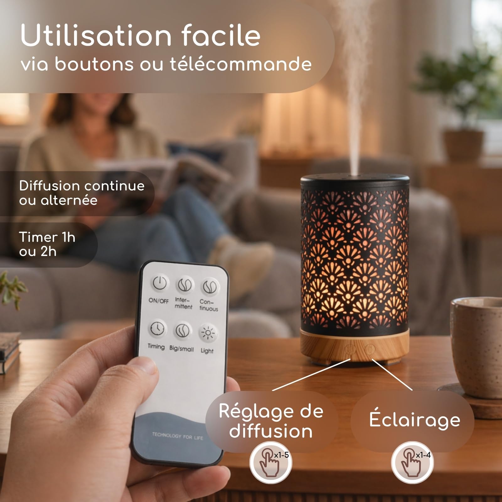 Zen’Arôme Diffuseur Ultrasonique Aromathérapie Sofia - Diffusion Huile Essentielle à Froid - Diffuseur Électrique avec Télécommande - Éclairage Led Personnalisable – Coque en Métal avec Décor Original