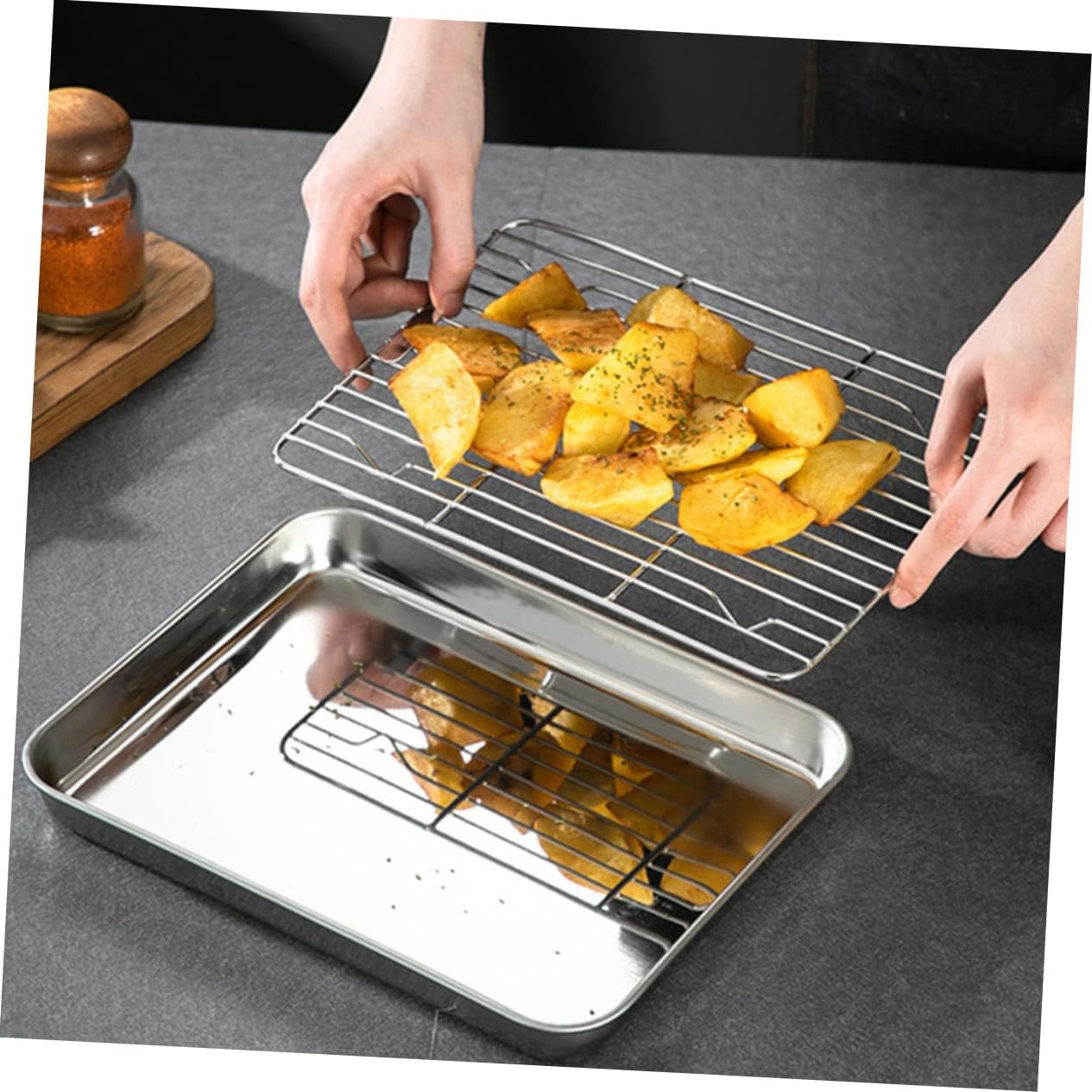 2sets Stainless Steel Baking Pan with Draining Rack Storage Trays for Frying Grilling Roasting Multi-functional Kitchen Essential