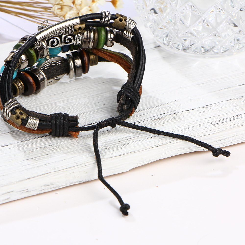 SOSUO Multilayer Leather Bracelet, Handmade Beaded Bracelet,Blue Eye Bracelet Vintage Hollow Carved Bracelet (Multicolor)