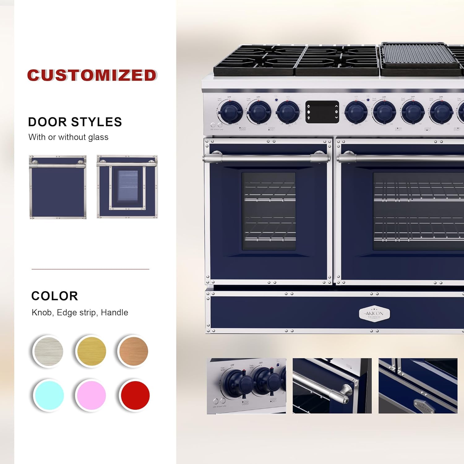 Akicon 48" Freestanding Gas Cooktop Oven Combo, Features 8 Sealed Burners, 6.7 Cu.ft Rapid Convection Oven, Convertible Fuel (NG/LP), Durable Cast Iron Grating (CBSCBSB1)