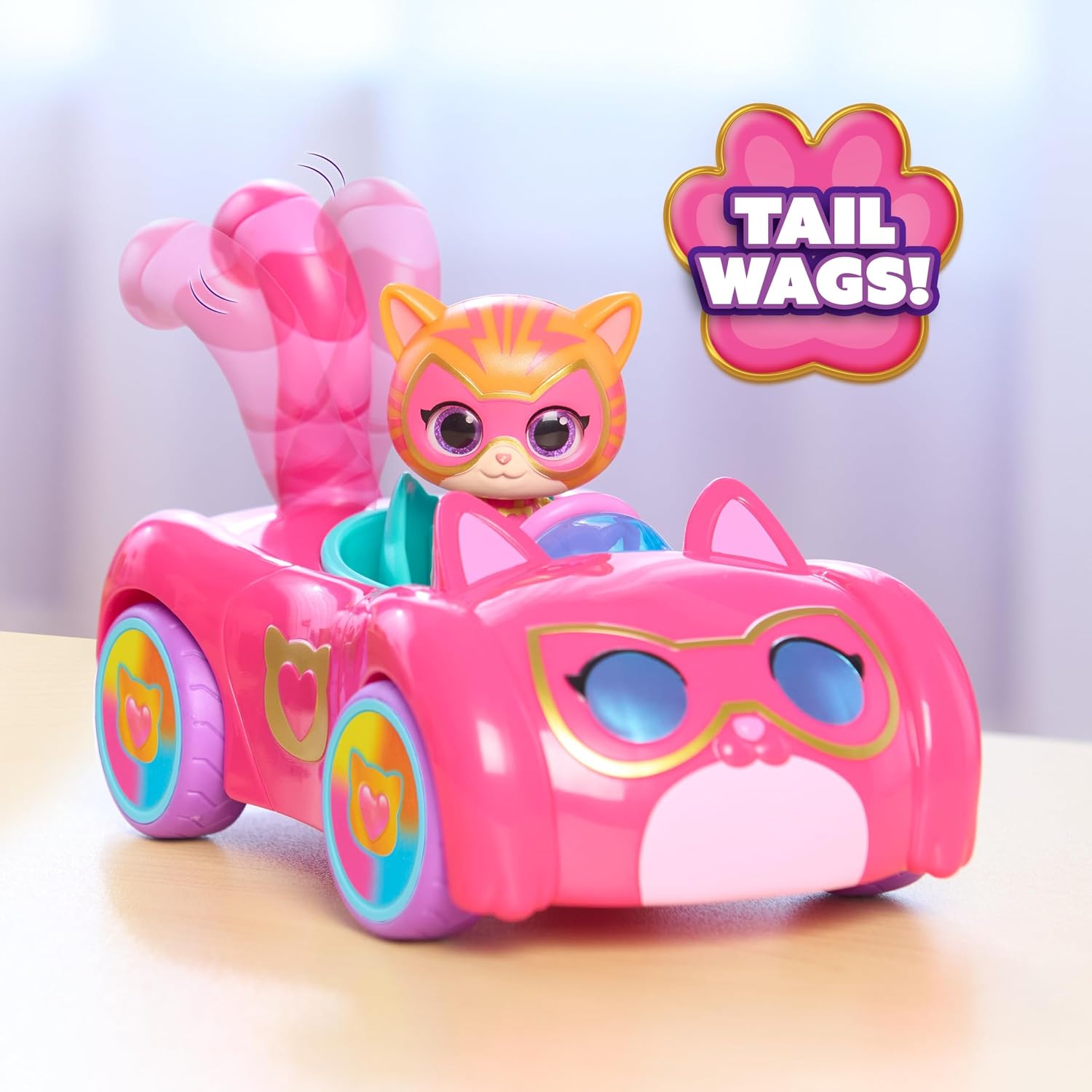 Disney Jr. SuperKitties Ginny Adventure Vehicle | Pull-Back Car with Moving Tail, 3-Inch Articulated Figure, Ages 3 and Up