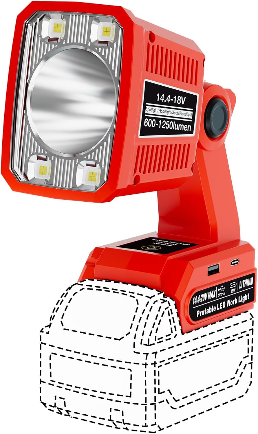 Work Light for Milwaukee M18 Battery, Work Lights with USB & Type-C Output Port, Portable Flashlight 1250LM 18W Spotlight & Floodlight 2 in 1 for Home Repair, DIY & Garage Tasks (No Battery)