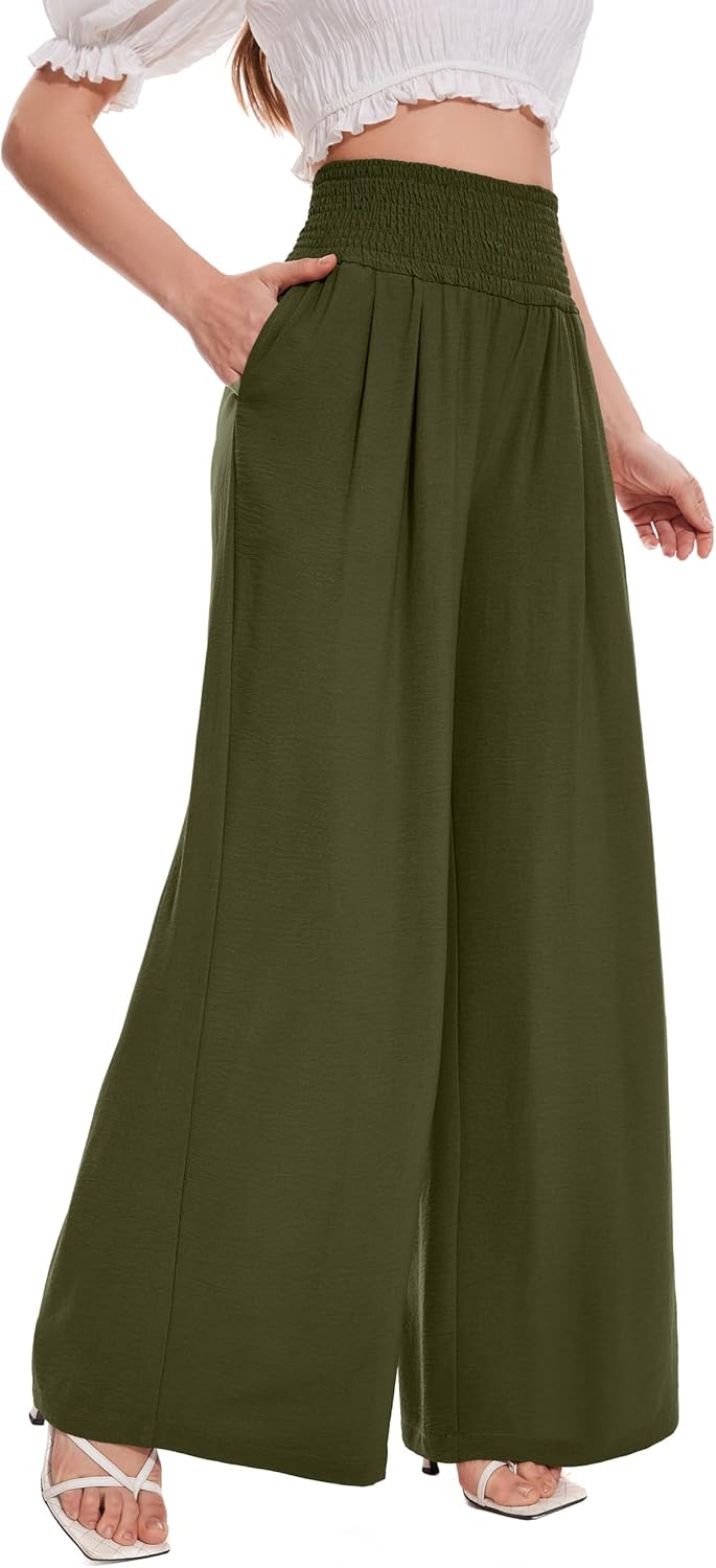FUNYYZO Womens Palazzo Pants Elastic Waisted Pull On Beach Trousers Casual Wide Leg Long Lounge 2026 Summer Vacation - Image 4