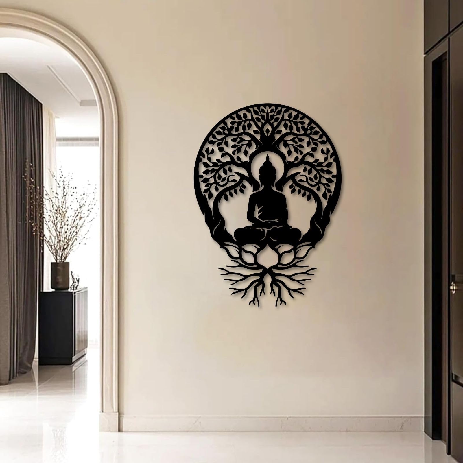 Árbol de la Vida, Arte de Metal 3D, decoración de Pared Grande con Buda, Arte de Buda, meditación para Sala de Estar, Dormitorio, Yoga, meditación al Aire Libre (Negro, 60 x 43 cm)
