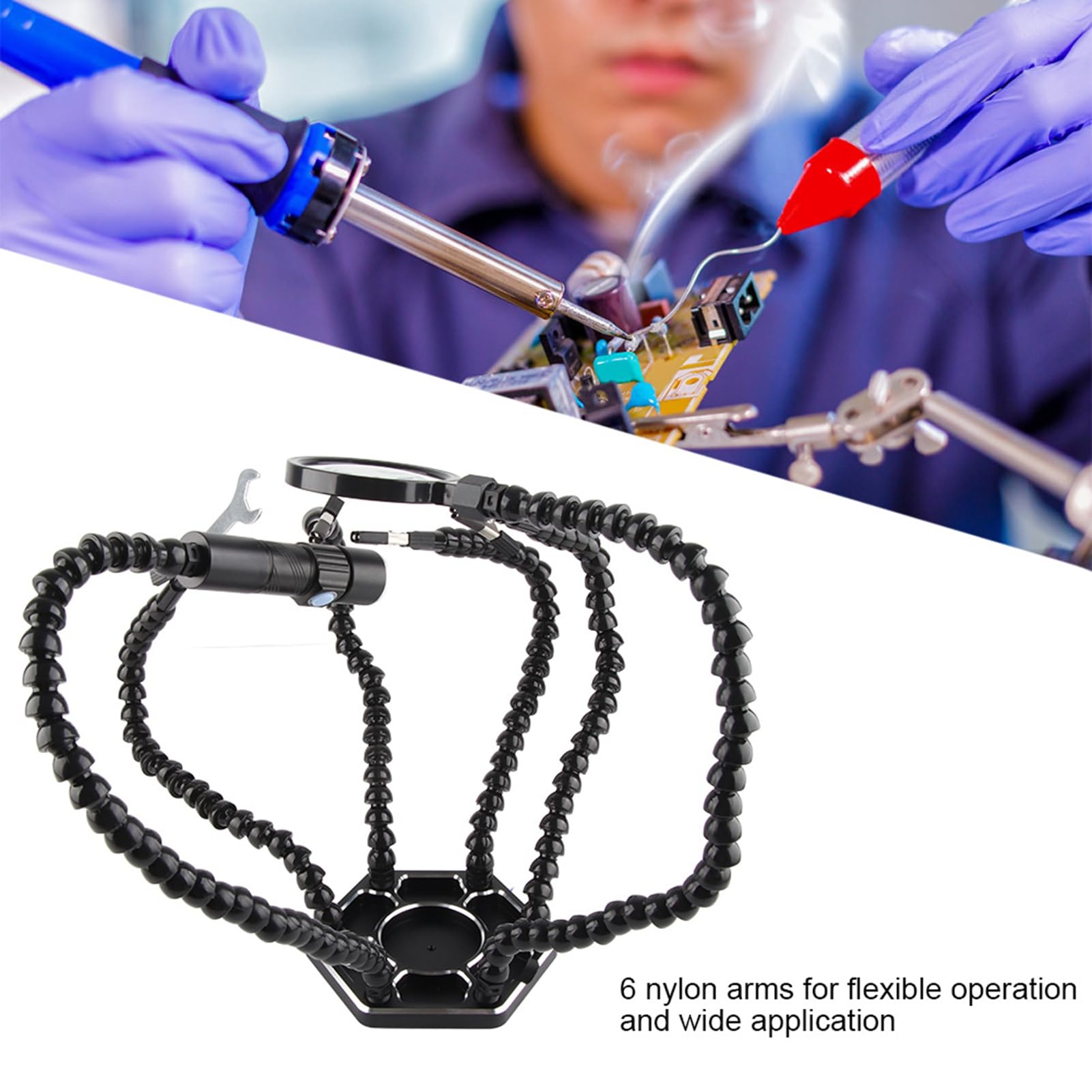 Supporto per saldatore 6 pezzi strumento di riparazione del circuito con bracci in nylon lente d'ingrandimento a luce LED per la riparazione